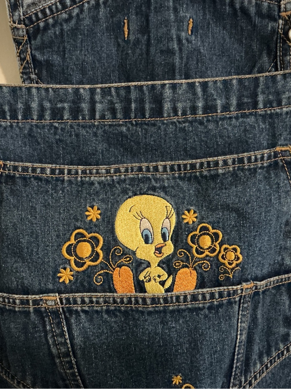 Looney Tunes Tweety Bird Denim Shortalls Overalls Shorts 24W Plus Size Y2K EUC - Picture 2 of 7